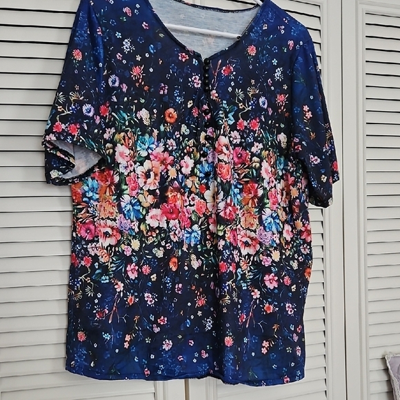 Floral Navy Women's Top - Large, Blue, Pink, Orange, Purple, Yellow - Picture 4 of 7
